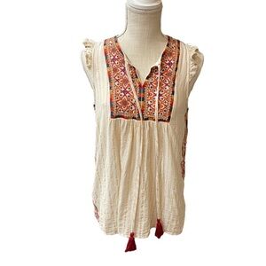 Savanna Jane Cotton Linen Embroidered Boho Colorful Blouse Sleeveless Size S
